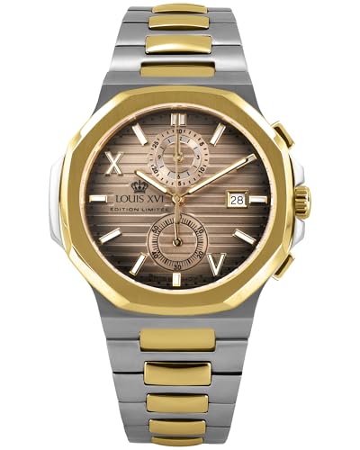 LOUIS XVI Renaissance Chrono 1690 - Ø 40 mm - Herren Uhr - Wasserdicht - Uhr mit Saphirglas - Armband Bicolor Silber Gold - Zifferblatt Chocco Braun - Schweizer Quarzwerk von LOUIS XVI