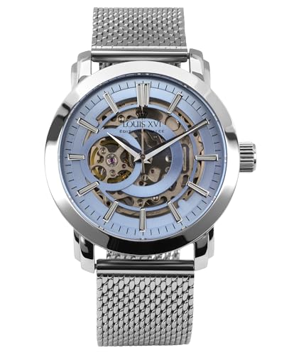 LOUIS XVI Versailles 2.0 Automatik 1922 - Ø 43.5 mm - Herren Uhr - Wasserdicht - Skelettuhr - Armband Silber - Zifferblatt Blau – Automatikuhr von LOUIS XVI