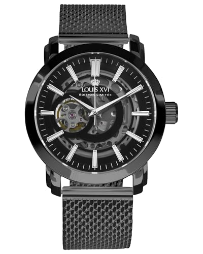 LOUIS XVI Versailles 2.0 Automatik 1930 - Ø 43.5 mm - Herren Uhr - Wasserdicht - Skelettuhr - Armband Schwarz - Zifferblatt Schwarz – Automatikuhr von LOUIS XVI