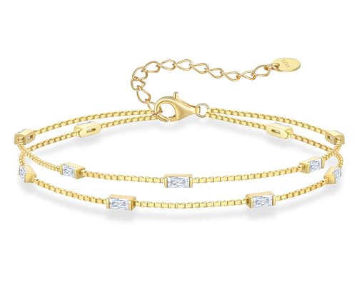 LOUISA SECRET Armband Damen Layered mit Zirkonia Anhängern Doppelt Kette Damen 925 Sterling Silber Gold Armbänder Verstellbar Valentinstag Muttertag Geburtstags Weihnachts geschenke für Sie Frauen von LOUISA SECRET