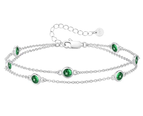 LOUISA SECRET Damen Armband Layered mit Geburtsstein Anhängern Doppelt Kette für Frauen Mädchen 925 Sterling Silber Armbänder, Geburtstag Jahrestag Weihnachten Geschenk für Sie Frauen Freundin Mutter von LOUISA SECRET