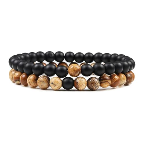 LOUKEKE 1 Satz Yoga-Armbänder mit schwarzen und weißen Lavasteinen und Tigeraugen-Perlen für Männer und Frauen, elastischer Seilschmuck von LOUKEKE