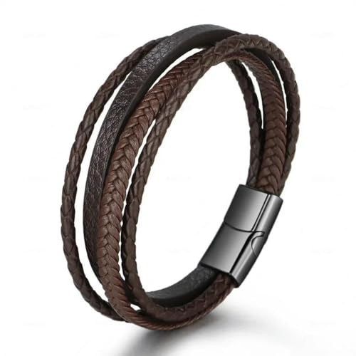 LOUKEKE 1 Stück Edelstahl Lederarmband Herren Verstellbar Magnetverschluss Seilkette Geometrisches Bettelarmband Schwarz Braun von LOUKEKE