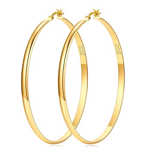 LOUMILEO 4mm Groß Creolen Gold für Damen Leichtgewicht 14K Vergoldete Ohrringe Gold Creolen Hypoallergene Groß dünne Ohrringe für Damen 60MM von LOUMILEO