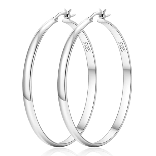 LOUMILEO 4mm Groß Creolen Silber 925 für Damen Leichtgewicht Ohrringe Silber 925 Creolen Hypoallergene Groß dünne Ohrringe für Damen 50MM von LOUMILEO