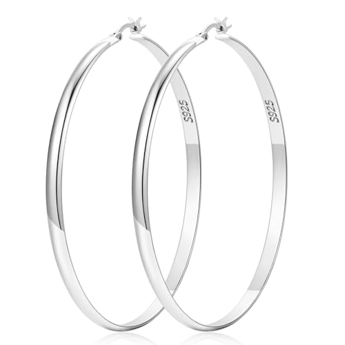 LOUMILEO 4mm Groß Creolen Silber 925 für Damen Leichtgewicht Ohrringe Silber 925 Creolen Hypoallergene Groß dünne Ohrringe für Damen 70MM von LOUMILEO
