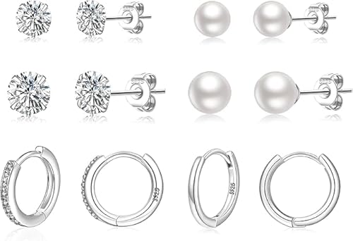 LOUMILEO 6 Paar Perlenohrringe Set,Hypoallergene Perlen Ohrringe 925 Silber,Silber 925 Huggie Creolen für Damen und Herren von LOUMILEO