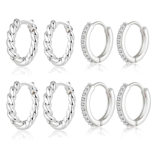 LOUMILEO 925 Ohrringe Silber Creolen Klein Hypoallergene Ohrringe Ohrstecker Set Kleine Creolen Schlaf Ohrstecker für Damen 4 Paar von LOUMILEO