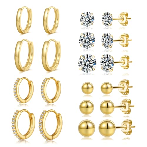 LOUMILEO Creolen Gold 14 Karat Gold Ohrstecker für Damen Kleine Ohrringe Gold Ohrstecker mit Zirkonia Hypoallergen Huggie Creolen Set für mehrere Piercings 10 Paar von LOUMILEO