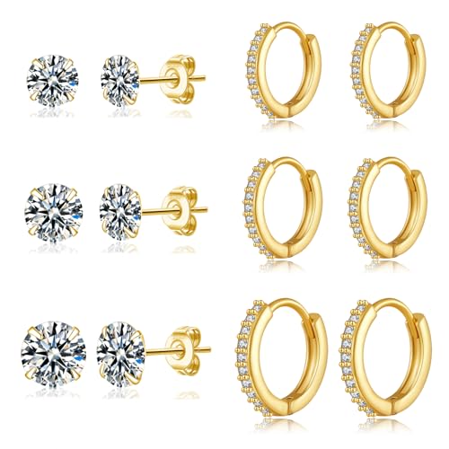 LOUMILEO Creolen Gold 14 Karat Gold Ohrstecker für Damen Kleine Ohrringe Gold Ohrstecker mit Zirkonia Hypoallergen Huggie Creolen Set für mehrere Piercings 6 Paar von LOUMILEO