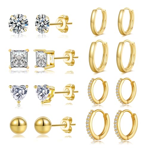 LOUMILEO Creolen Gold 14 Karat Gold Ohrstecker für Damen Kleine Ohrringe Gold Ohrstecker mit Zirkonia Hypoallergen Huggie Creolen Set für mehrere Piercings 8 Paar von LOUMILEO