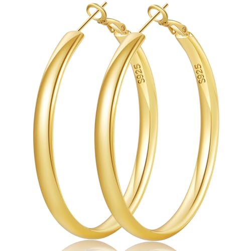 LOUMILEO Creolen Gold für Damen Groß Ohrringe Gold Creolen Hypoallergen 14K Gold Creolen Leichte Groß Creolen Gold für Damen 5mm Breit Goldene Creolen für Mädchen 40mm von LOUMILEO