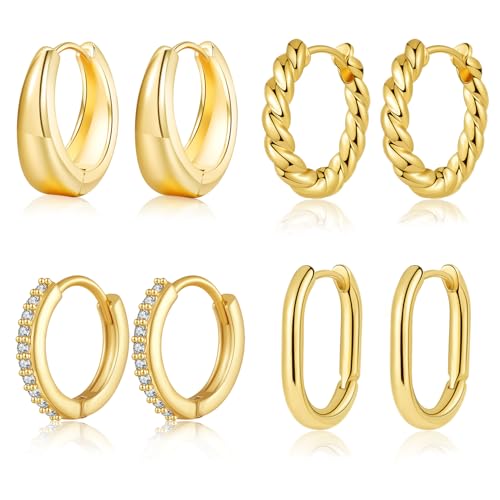 LOUMILEO Ohrringe Gold Creolen Klein Hypoallergene Ohrringe Ohrstecker Set Kleine Creolen Schlaf Ohrstecker für Damen 4 Paar von LOUMILEO