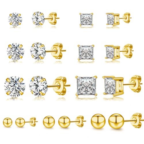 LOUMILEO Ohrringe Gold Stecker für Damen 9 Paar Ohrringe Gold Set Hypoallergen Rund Quadratisch Cubic Zirkonia Ohrstecker Gold für Damen Gold Ohrringe Set für Mehrere OhrlöCher 4/5/8 mm von LOUMILEO