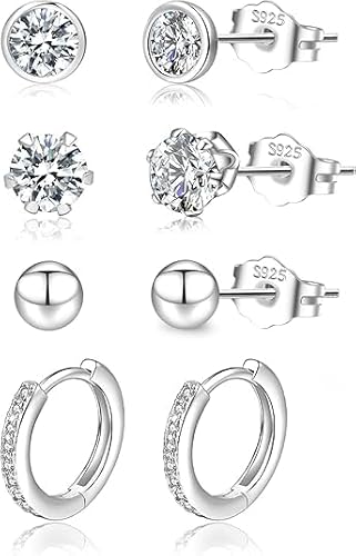 LOUMILEO Ohrstecker Silber 925 4 PaarSilber Ohrringe Damen Hypoallergen Cubic Zirkonia Ohrstecker Set ohrringe Silber 925 Stecker für mehrere Piercings von LOUMILEO