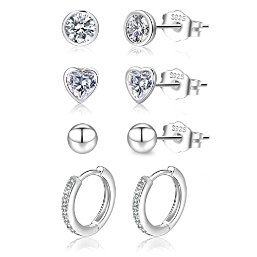 LOUMILEO Ohrstecker Silber 925 4 Paar Silber Ohrringe Damen Hypoallergen Cubic Zirkonia Ohrstecker Set ohrringe Silber 925 Stecker für mehrere Piercings von LOUMILEO