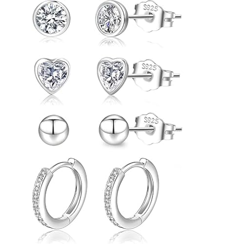 LOUMILEO Ohrstecker Silber 925 4 Paar Silbers Ohrringe Damen Hypoallergen Cubic Zirkonia Ohrstecker Set ohrringe Silber 925 Stecker für mehrere Piercings von LOUMILEO