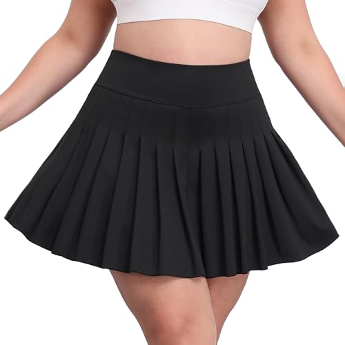LOUSGUTA Damen-Tennisrock in Übergröße, plissiert, hohe Taille, athletischer Golfröcke mit Shorts, Schwarz, 5XL von LOUSGUTA