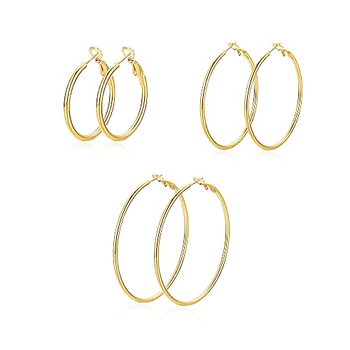 LOVANS 3 Paare Edelstahl Creolen Ohrringe für Damen Set Groß Rund Creolen Huggie Ohrringe Geschenk für Damen Mädchen, 30 50 60MM(Gold) von LOVANS