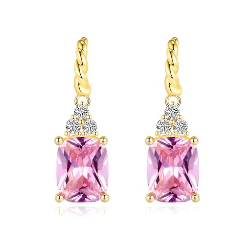 LOVANS Gold Ohrringe Damen 925 Sterling Silber, Klein Earrings mit Rosa AAAAA Quadrat Zirkonia Ohrhänger, Hängend Huggie Ohrring Geschenke für Urlaub, Dates und Alltag von LOVANS