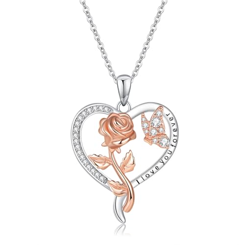 LOVANS Herzkette Silber 925 Damen Rose Blume Schmetterling Halsketten mit Anhänger 5A Zirkonia Herz Kette Silberschmuck Muttertag Geburtstag Geschenke für Frau Ehefrau Mama Oma von LOVANS