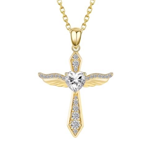 LOVANS Kreuz Kette für Damen, Halskette silber 925 Zirkonia Engelsflügel Kreuzkette Jesus Kreuz Silberkette Cross Schutzengel Anhänger Halskette Christentum Schmuck (Gold) von LOVANS