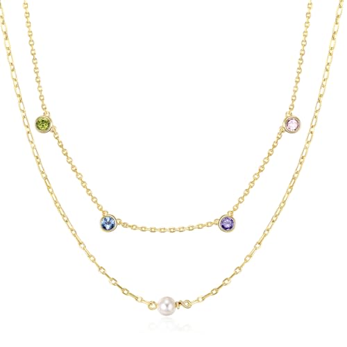 LOVANS Perlenkette Damen, 18K Vergoldete Ketten Perlen Halskette, Doppel Multilayer Kette mit Runden Kristallen Mondstein, Layered Choker gold Brautschmuck von LOVANS