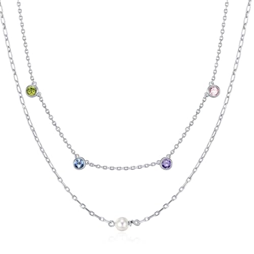 LOVANS Perlenkette Damen, Silber Damen Kette Perlen Halskette, Doppel Multilayer Silberkette mit Runden Kristallen Mondstein, Layered Choker Silber Brautschmuck von LOVANS