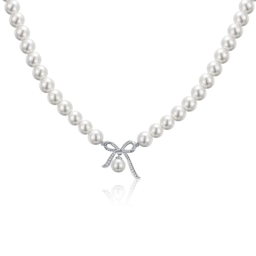 LOVANS Perlenkette für Damen, Perlen Halskette in Schleifen mit 42stk AAA Zirkonia und 48stk 7.5-8mm Perle, 40+5cm lang, Runde Weiße Imitation Perle Kette mit anhänger für Urlaub, Dates und Alltag von LOVANS