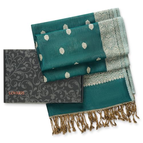 LOVARZI Damen Schals im Geschenkkarton – Geschenk für Frauen: Blaugrün Pashmina Schal zu Weihnachten für Sie von LOVARZI