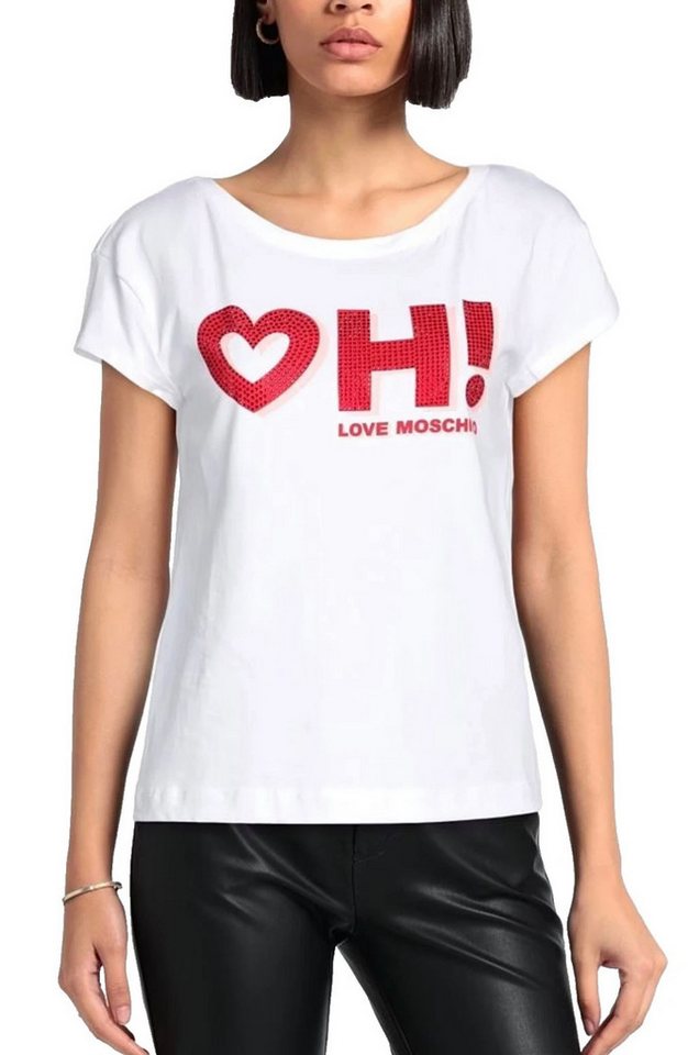 LOVE MOSCHINO T-Shirt Damen T-Shirt „Heart OH!“ mit Strassdetails Boxy Fit mit Herzmotiv, verziert mit roten Strasssteinen von LOVE MOSCHINO