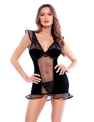 Damen Rückenloses Samtkleid V-Ausschnitt Metallic Rock mit Push-up BH Night-Out Party Rock Schwarz Groß/80B von LOVE YOU SEXY