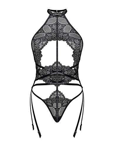 LOVE YOU SEXY Frauen Spitze Bodysuit mit Strumpfband Gürtel, Halter Neck Backless Teddy One Piece Bodysuit Dessous Schwarz L von LOVE YOU SEXY