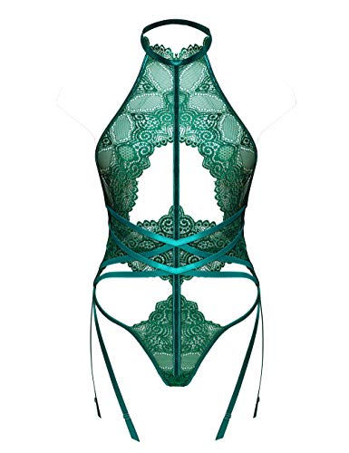 LOVE YOU SEXY Frauen Spitze Bodysuit mit Strumpfband Gürtel, Halter Neck Backless Teddy One Piece Bodysuit Dessous Grün S von LOVE YOU SEXY