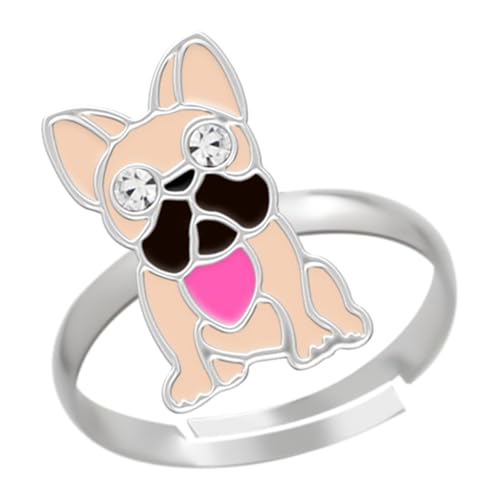 LOVE YOUR CITY Kinderschmuck Ring Französische Bulldogge – 925 Sterling Silber mit Emaille – verstellbar – Kinder Ring Mädchen – Hundemotiv – Geschenk für Kinder – inkl. Geschenkbox von LOVE YOUR CITY