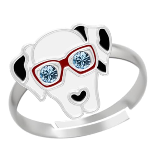LOVE YOUR CITY Kinderschmuck Ring Hund mit Brille – 925 Sterling Silber mit Emaille – verstellbar – Kinder Ring Mädchen – witziger Hund Schmuck – Geschenk für Kinder – inkl. Geschenkbox von LOVE YOUR CITY