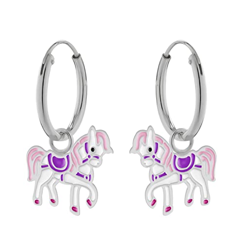 LOVE YOUR CITY Ohrringe Pferd Pony – Kinderschmuck Creolen aus 925 Sterling Silber & Emaille – Geschenk für Mädchen & Kinder – Kleine Pferde-Ohrringe für Tierfans von LOVE YOUR CITY