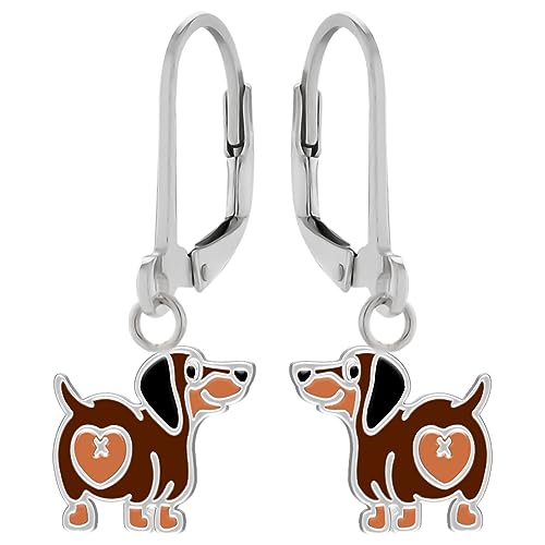 LOVE YOUR CITY Ohrringe, Ohrhänger kleiner Hund, Dackel mit Herz. Perfekte Geschenke für Mädchen, Kinder. Hochwertiger Kinderschmuck aus Sterling Silber mit Emaille. von LOVE YOUR CITY