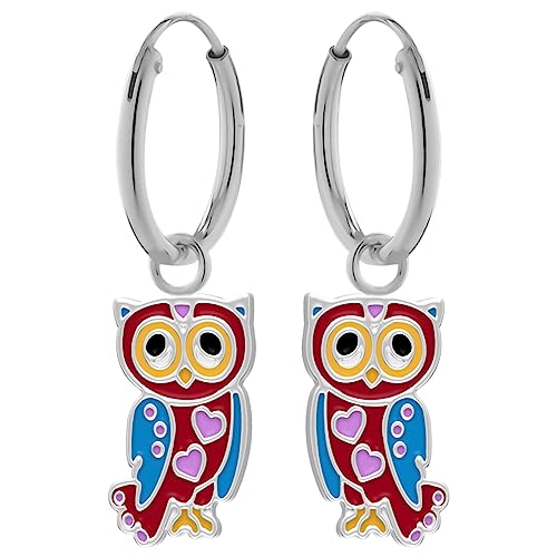 Ohrringe, Creole kleine bunte Eule. LOVE YOUR CITY Schmuck Geschenke für Mädchen, Kinder. Liebevoll gearbeiteter Kinderschmuck aus 925 Sterling Silber mit Emaille. von LOVE YOUR CITY