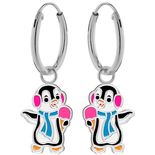 Ohrringe, Creole kleiner bunter tanzender Pinguin. LOVE YOUR CITY Schmuck Geschenke für Mädchen, Kinder. Kinderschmuck aus 925 Sterling Silber mit Emaille. von LOVE YOUR CITY