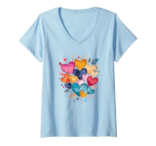Damen Viele Herzen, viel Liebe, Hoffnung, Freude, Vertrauen, Glück, Motivation T-Shirt mit V-Ausschnitt Damen Viele Herzen, viel Liebe, Hoffnung, Freude, Vertrauen, Glück, Motivation T-Shirt mit V-Ausschnitt von LOVE & PEACE SYMBOLS Graphic Cat I Design & Trends