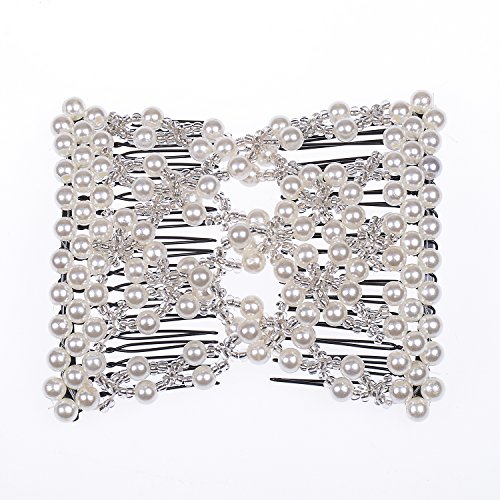 Lovef Easy Comb Easy Magic Hair Comb Stretchy Beaded Hair Comb in Assorted Color Beads with Pearl for Women (White) von LOVEF