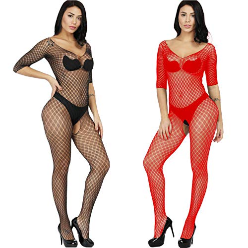 2 Pack Frauen Fischnetz Sheer Open Crotch Unterwäschen Bodystockings Body Strumpf Bodysuit Dessous Übergröße (Schwarz+Rot) von LOVELYBOBO