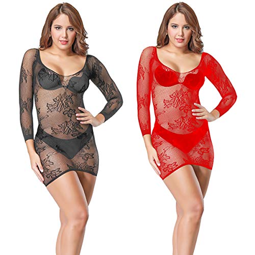 LOVELYBOBO 2 Paar Damen Fishnet Dessous Mesh Badydoll Aushöhlen gemusterte Nachtwäsche Minikleid Durchsichtig Chemise Mesh Nachtwäsche von LOVELYBOBO