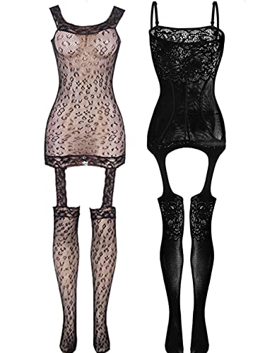 LOVELYBOBO 2-Pack Damen Dessous Netz Bodystocking Spitzen Bodys Lace Negligee Overall Badenanzug Einheitsgröße Unterwäschen Reizwäsche schwarz von LOVELYBOBO