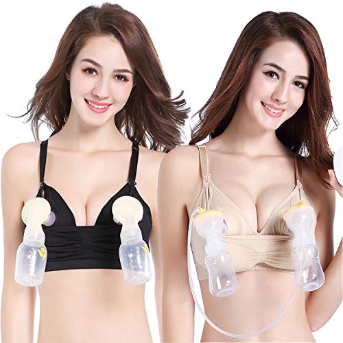 LOVELYBOBO 2 Pack Damen H?nde Frei Drahtlose Mutterschaft Doppelte Brust F¨¹tterung Pumppflege Lange BH Pflege Tank Top£¬M-XXL£¬(Schwarz+Beige) von LOVELYBOBO