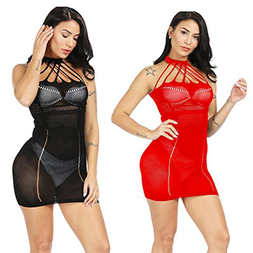 LOVELYBOBO 2-Pack Damen Kleid im Wetlook Spitzenkleid Tiefer Ausschnitt Rückenfreies Kleid Reißverschluss hinten Clubwear Partykleid (schwarz+rot) von LOVELYBOBO