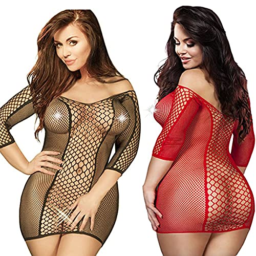 LOVELYBOBO 2 Pack Damen Lingerie Reizvoll Babydoll Negligee Fishnet Hollow Out Minikleid Dress Club Nachtwäsche Dessous Erotik Übergröße (schwarz+rot) von LOVELYBOBO