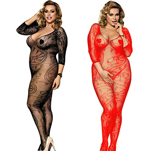 LOVELYBOBO 2 Pack Damen Unterwäschen Bodystockings Catsuit mit Strapse Body Dessous aus Netz (schwarz+rot) von LOVELYBOBO