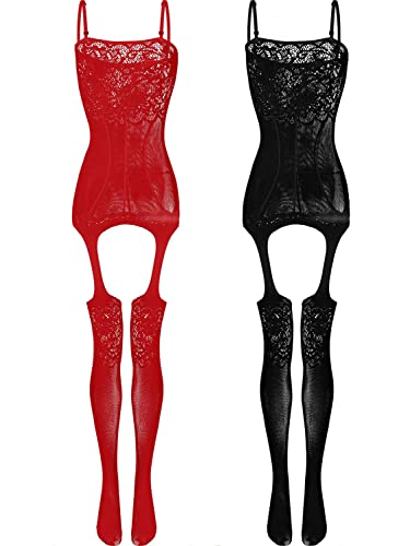 LOVELYBOBO 2-Pack Damen Unterwäschen Reizwäsche Netz Strumpfhose Bodystockings Jumpsuit Frauen Bodysuit Nachtwäsche Dessous (schwarz+rot) von LOVELYBOBO
